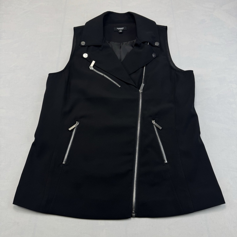 Premise Studio Womens M Black Sleeveless Moto Biker Vest Silver Zipper Jacket